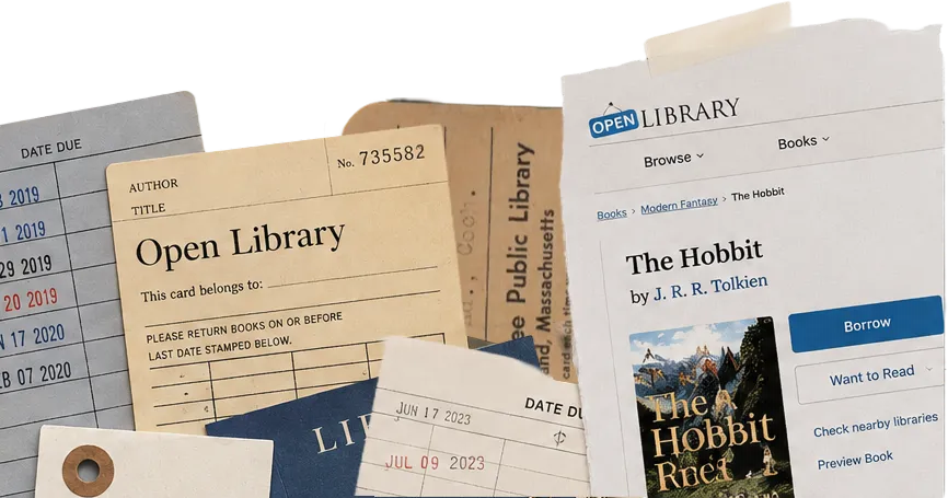Collage showing old library checkout cards overlapping with a digital screenshot of The Hobbit on the Open Library website, highlighting the transition from physical to digital borrowing.
